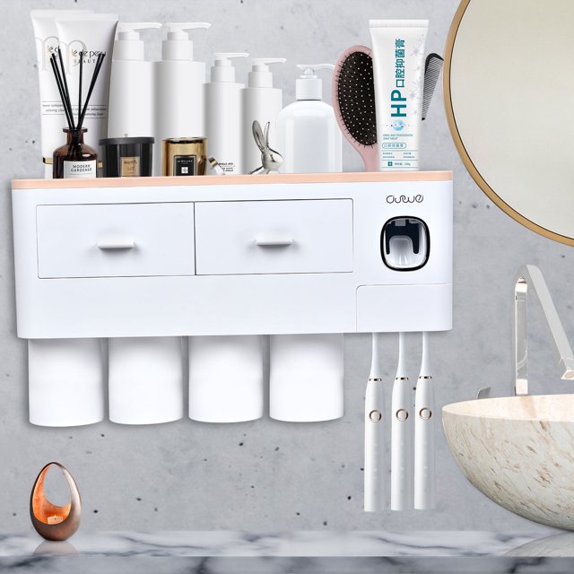 Wall Mounted Toothbrush Holder for Bathroom, Automatic Toothpaste Dispenser Kit with Magnetic Cups Kids & Family Set Toothbrush Holders, Storage Rack & Easy Install, Durable Space-Saving,Blue