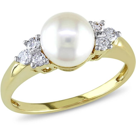 Miabella 7-7.5mm White Round Cultured Akoya Pearl and 1/5 Carat T.W. Diamond 14kt Yellow Gold Cocktail Ring