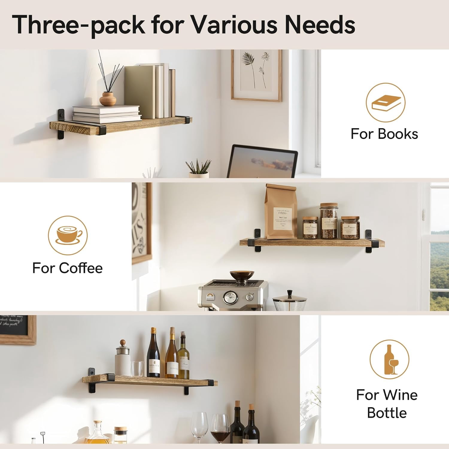 Afuly Rustic Floating Shelves for Wall, 16in Wood Floating Shelf Set of 3 , Brown Wall Shelves with Metal Brackets, Hanging Shelf for Living Room, Bathroom, Kitchen, Home Decor and Storage