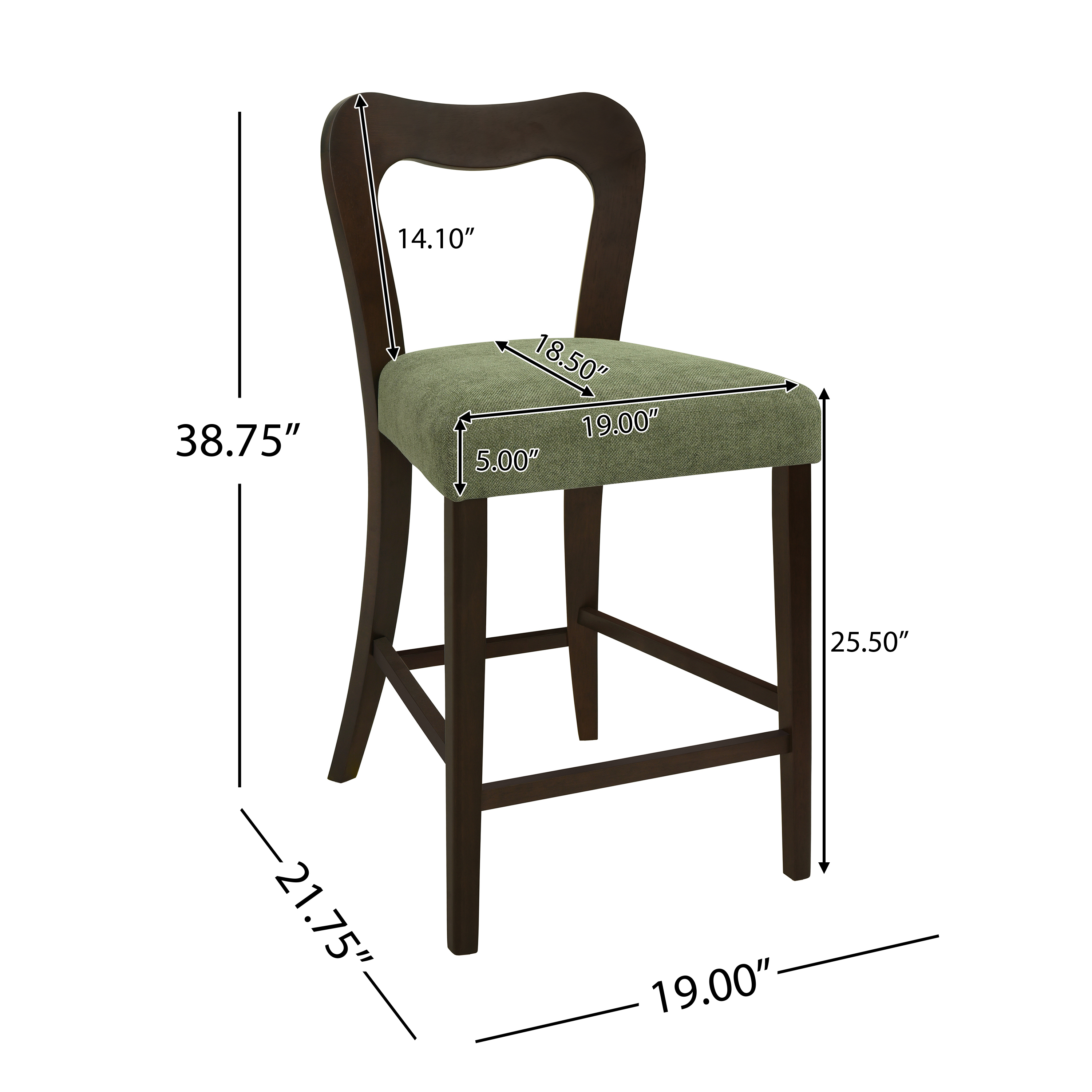 Euroco Counter Stools Set of 2, Upholstered Bar Stools Kitchen Island Chairs with Wooden Frame,Dark Brown & Green