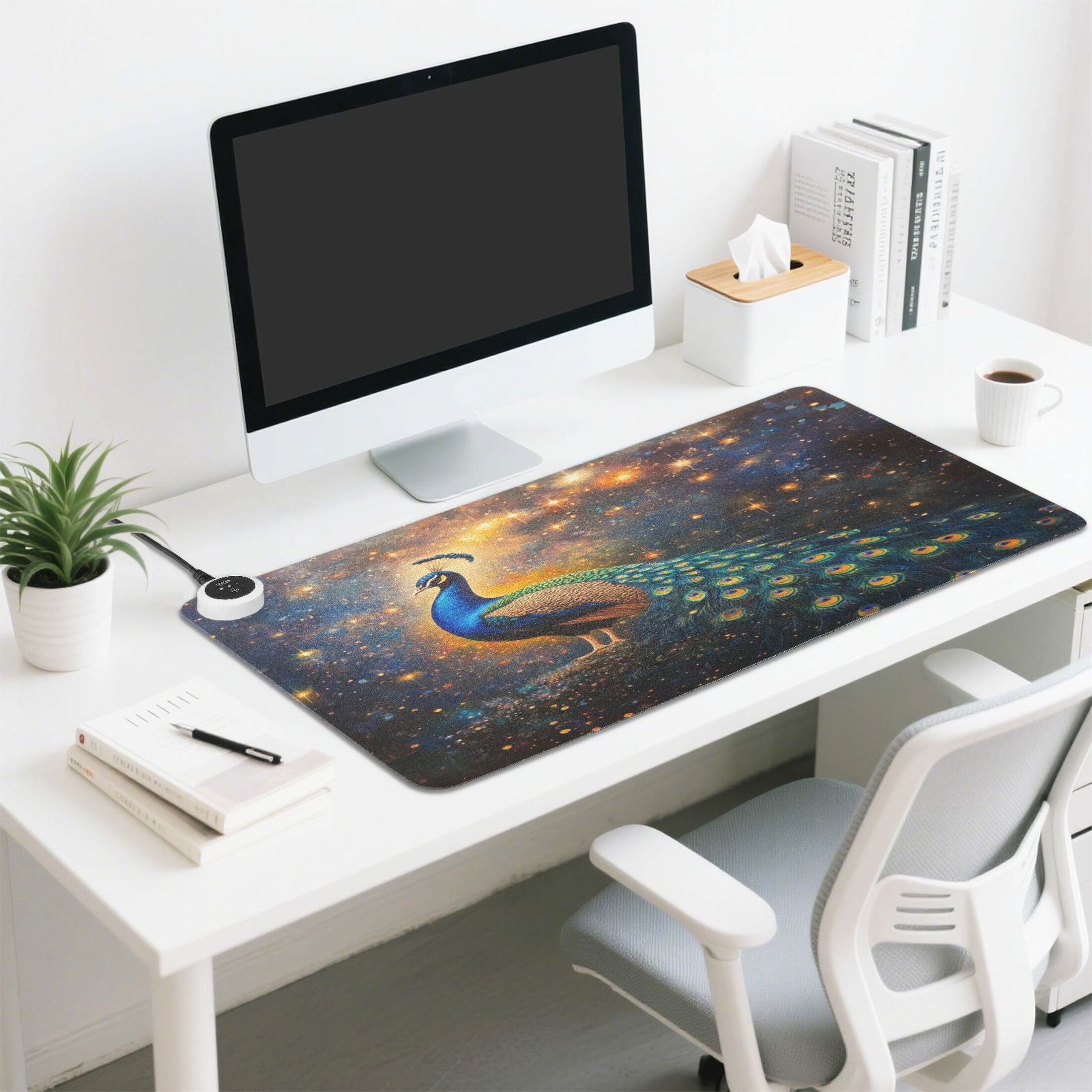 Wobogo Peacock Of Stars Heated Mouse Pad Extra-Large Desk Mat With 3 Heating Levels and 3-hour Auto Shut-Off Protection Ideal for Computer Keyboards Home Office Hand-warming Essential 31.5in × 13in
