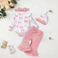 thumbnail image 2 of HCNTES Baby Girl Clothes Fall Winter Infant Baby Girl Clothes Bow Print Long Sleeve Romper Flared Pants and Headband Outfits Set, 2 of 5