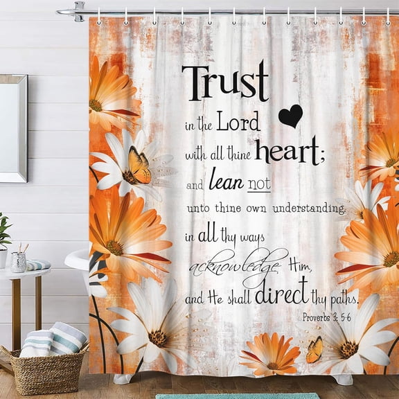 Rustic Farmhouse Orange Shower Curtain Bible Verse Inspirational Shower Curtain Country Farm Yellow Fall Daisy Flowers Butterfly Abstract Shower Curtain Set, Grey Shower Curtain for Bathroom, 72x72IN