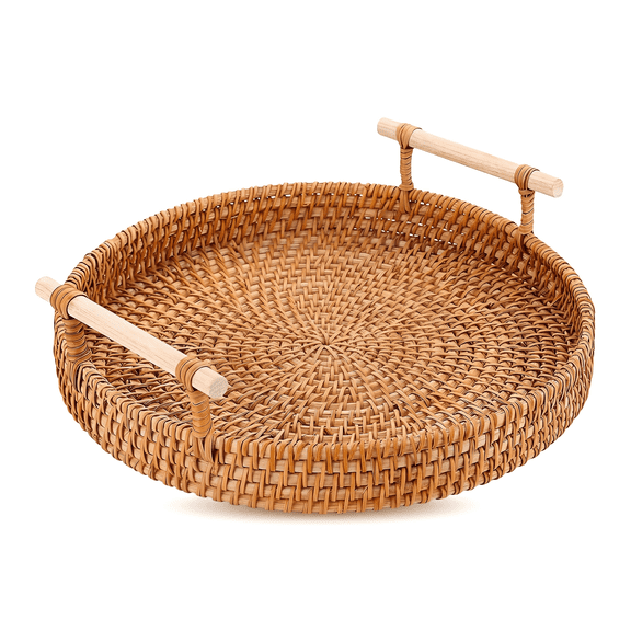 Small Round Serving Tray, Wicker Basket Tray with Handles Hand Woven Decorative Tray Basket Ottoman Trays for Coffee Table Party Bathroom Home Decor rattan tray