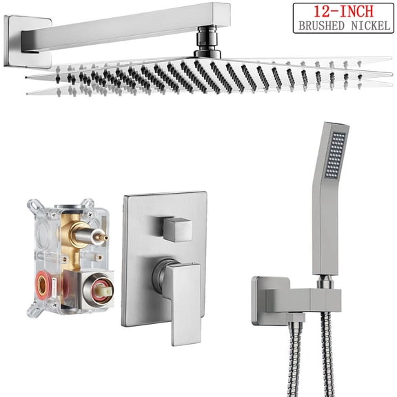 Brushed Nickel 8" Rainfall Brass Shower Faucet System Combo Set W/Hand Shower