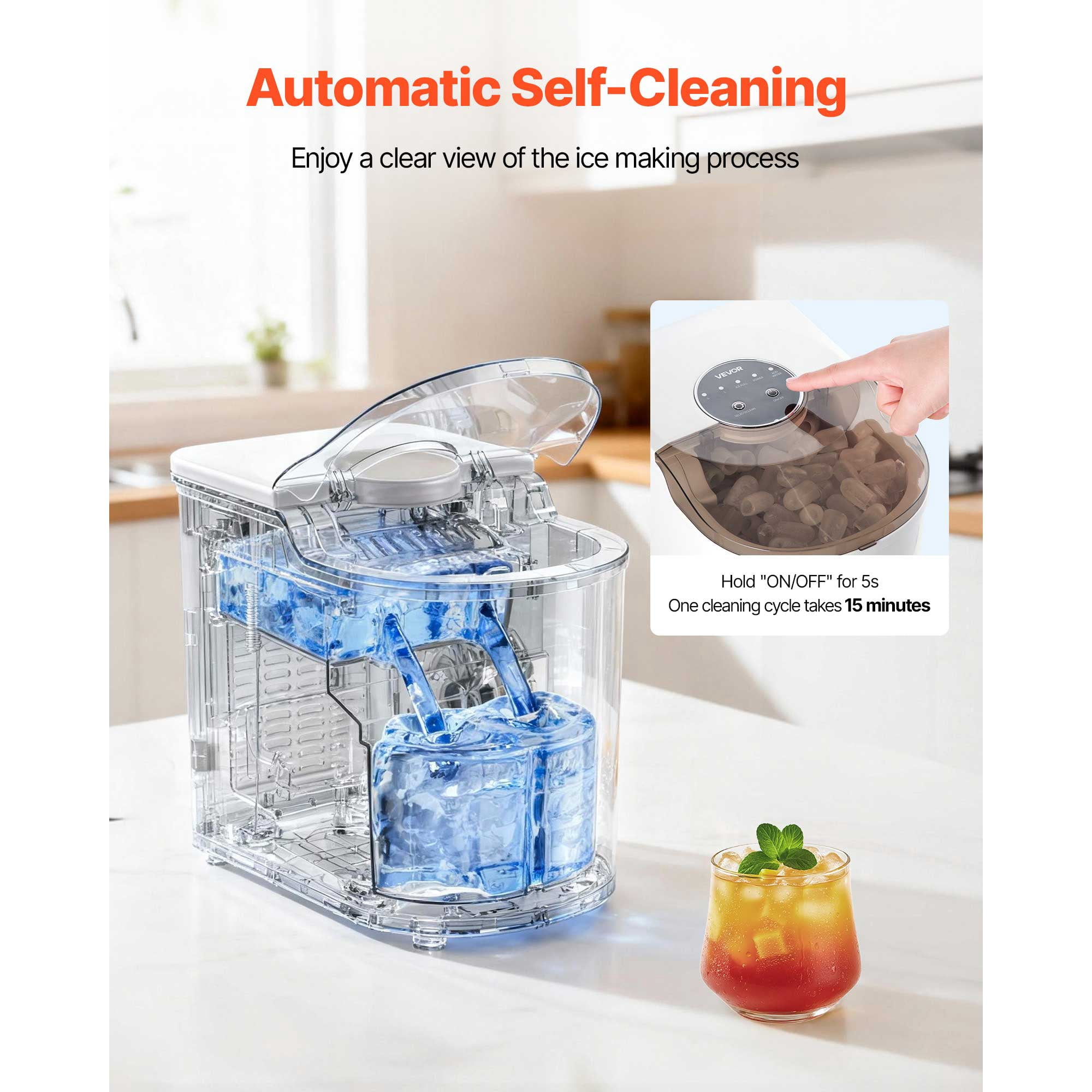 KFFKFF Countertop Ice Maker, Produces 7 Ice Cubes in 6 Minutes, 26 lbs Daily Capacity, Portable Machine with Self-Cleaning Function, Includes Ice Scoop, Offers Two Sizes of Bullet-Shaped Ice for Home