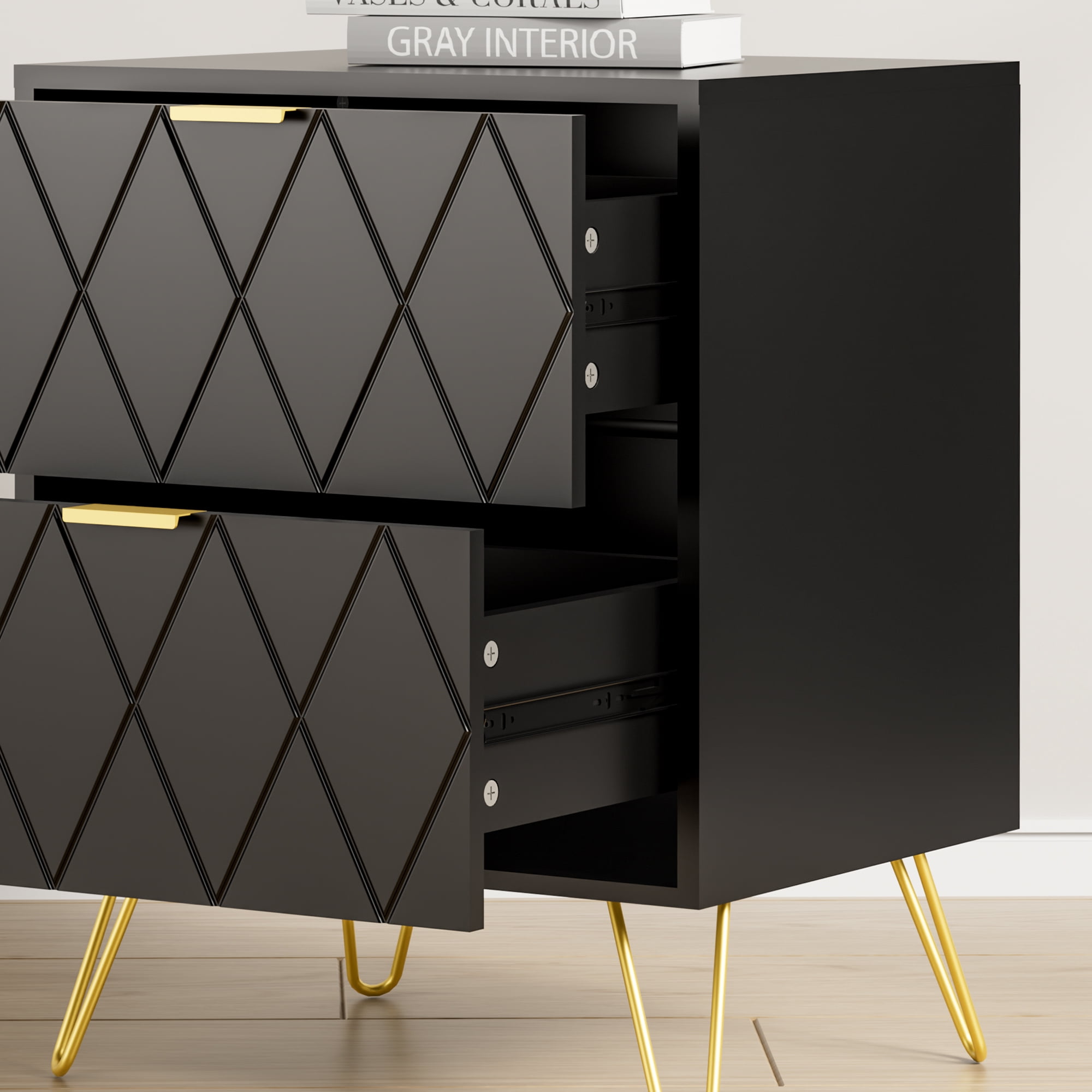 eclife Set of 2 Black Nightstand with 2 Drawers, Modern Bedside Table with Gold Handles for Bedroom or Living Room