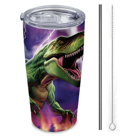 

green dinosaur standing on the mountain under purple sky and lightning Insulated 20 oz Stainless Steel Travel Tumbler Reusable Straw & Brush Hot & Cold Drinkware for Car Office Outdoor
