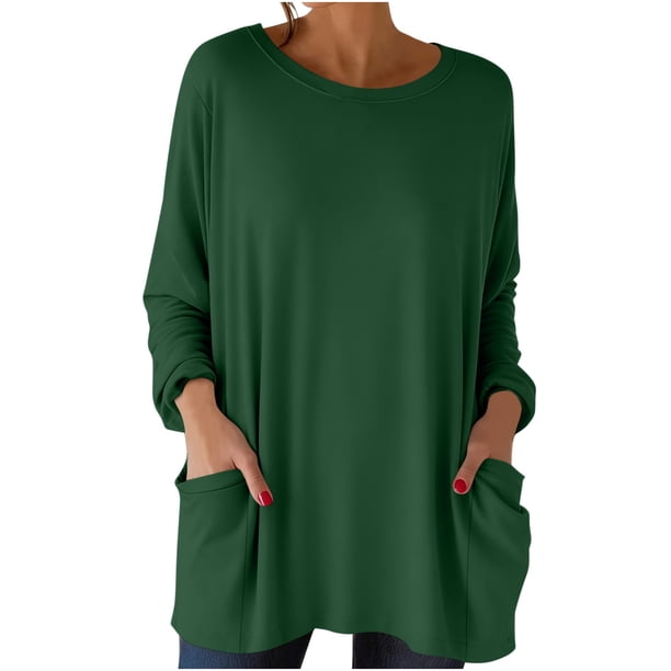 Tops de Manga Larga de las Mujeres Casual Color Sólido Cuello Redondo Suelto Encaje Superior con Bolsillo, Tops de Manga Larga de las Mujeres