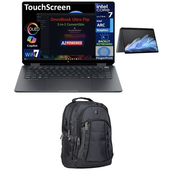 HP OmniBook Ultra Flip AI Powered 2-in-1 Laptop 14.0in Touchscreen OLED 2.8K Display (Intel Ultra 7-256V, 16GB LPDDR5X, 1TB PCIe SSD, Backlit KB, Fingerprint, Win 11 Pro) w/Premium Backpack