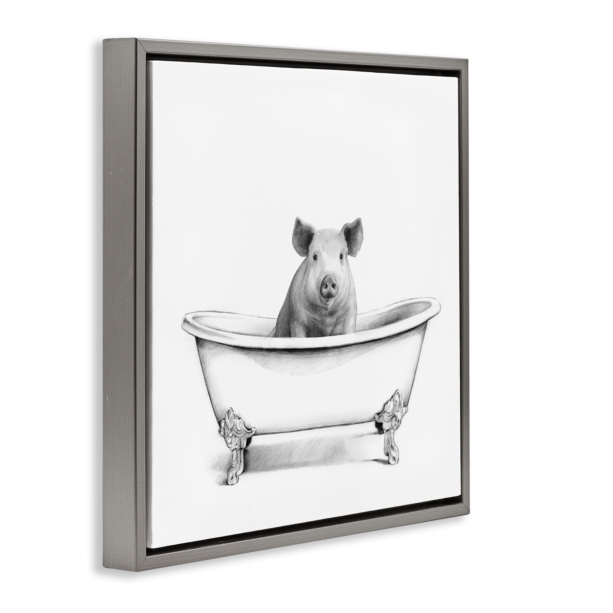 Stupell Industries Hog in Bathtub Sketch Animals & Insects Drawing Gray Floater Framed Canvas Art Print Wall Art, 18 x 18