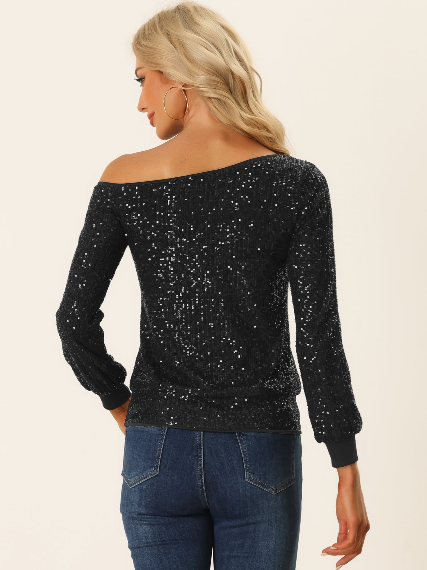 DARING DIVA Women's Sequin Top Off-Shoulder Long Sleeve Tops S Black