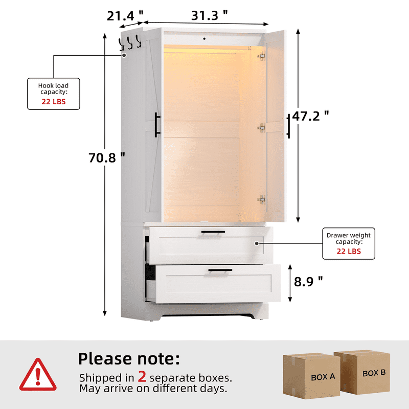 Lacoo White Wardrobe Armoire, 70.8 in, 2 Drawers, Motion-Sensor Light