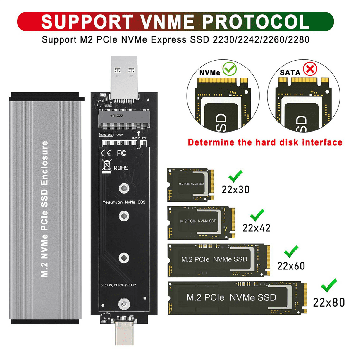 2X M.2 NVME PCIe SSD Enclosure Case with USB C 3.1 Gen 2 USB3.0 to M.2 M Key HDD Enclosure for 2230 2242 2260 2280,2 x HDD Enclosure,Gray