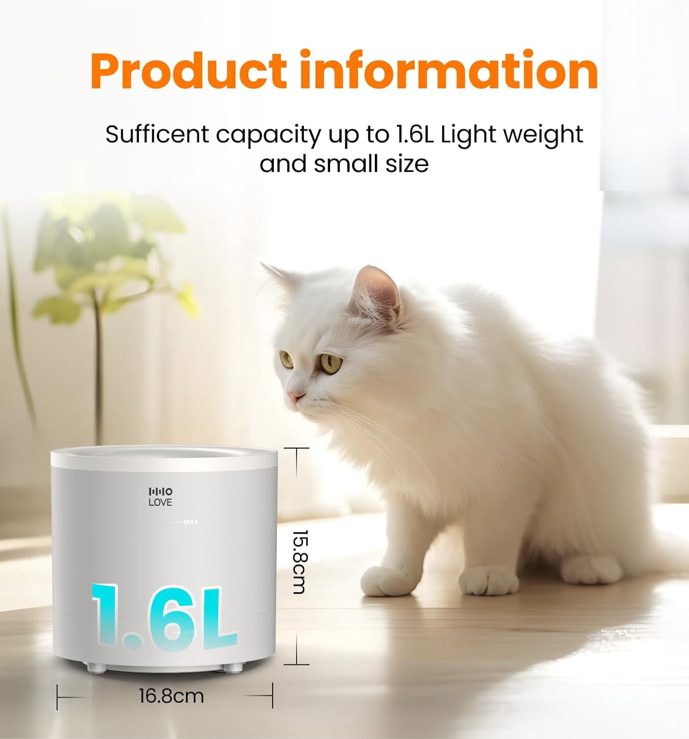 HHOLOVE Cat Water Fountain with Wireless Pump 1.6L/54oz, Automatic Pet Water Fountain Ultra Quiet for Cats and Dogs, Easy to Clean and Assemble, 1 Filter Included, White
