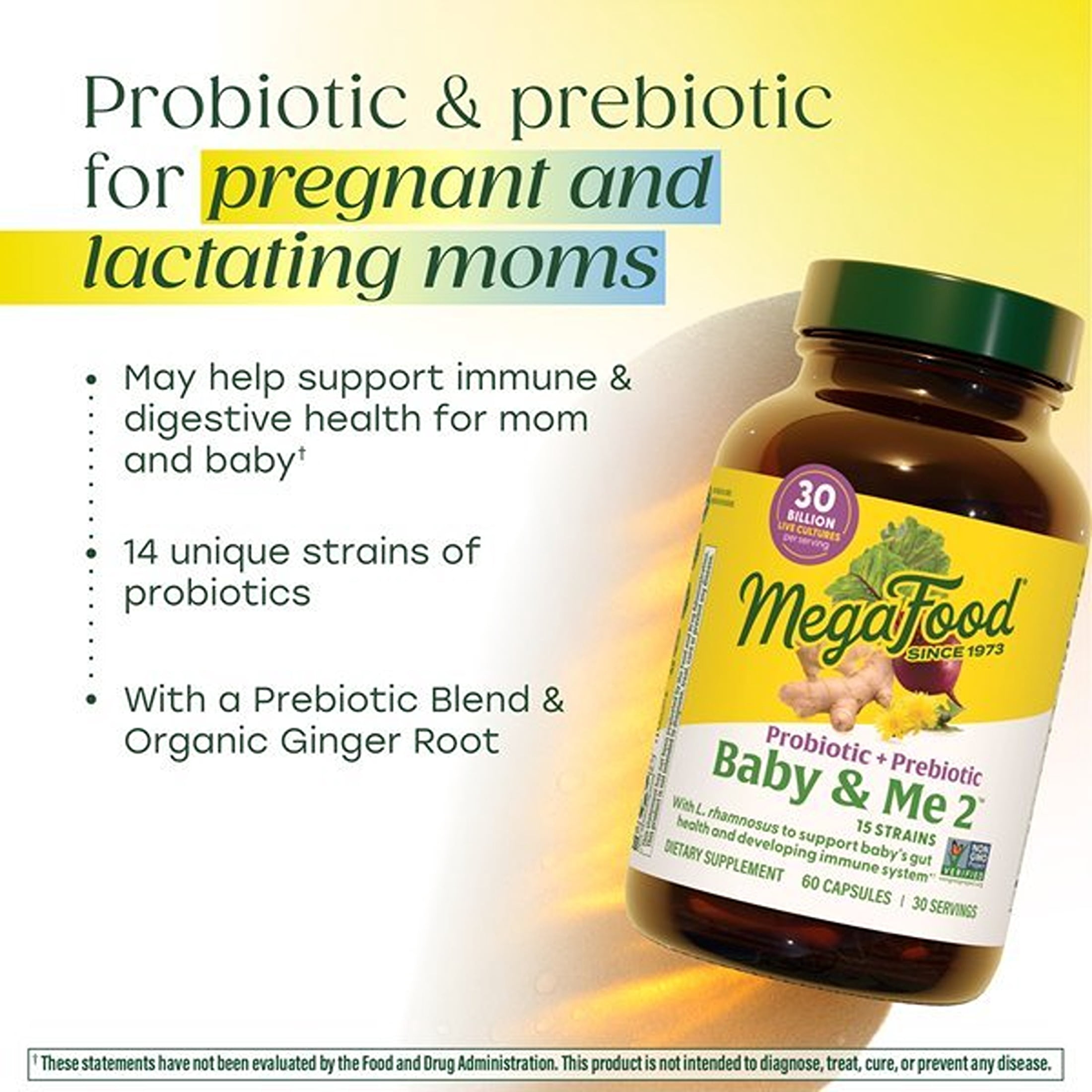 MegaFood Baby & Me 2 Prenatal Probiotic + Prebiotic - 30 Billion CFU - 30 Servings