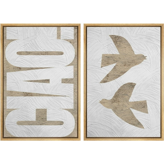 IDEA4WALL Framed Canvas Print Wall Art Set Ciao Flying Birds Elegant Rustic with Foliage Design Digital Art Retro Vintage Art Minimal Wall Decor Chic Zen Artwork for Home Decor - 24"x36"x2 Natural