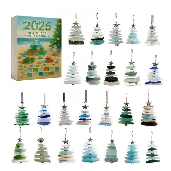 LAMIRO Sea Glass Christmas Tree Advent Calendar 24 Days Christmas Countdown Calendar with Mini Sea Glass Ornaments Ocean Themed Holiday Surprises Christmas Decorations