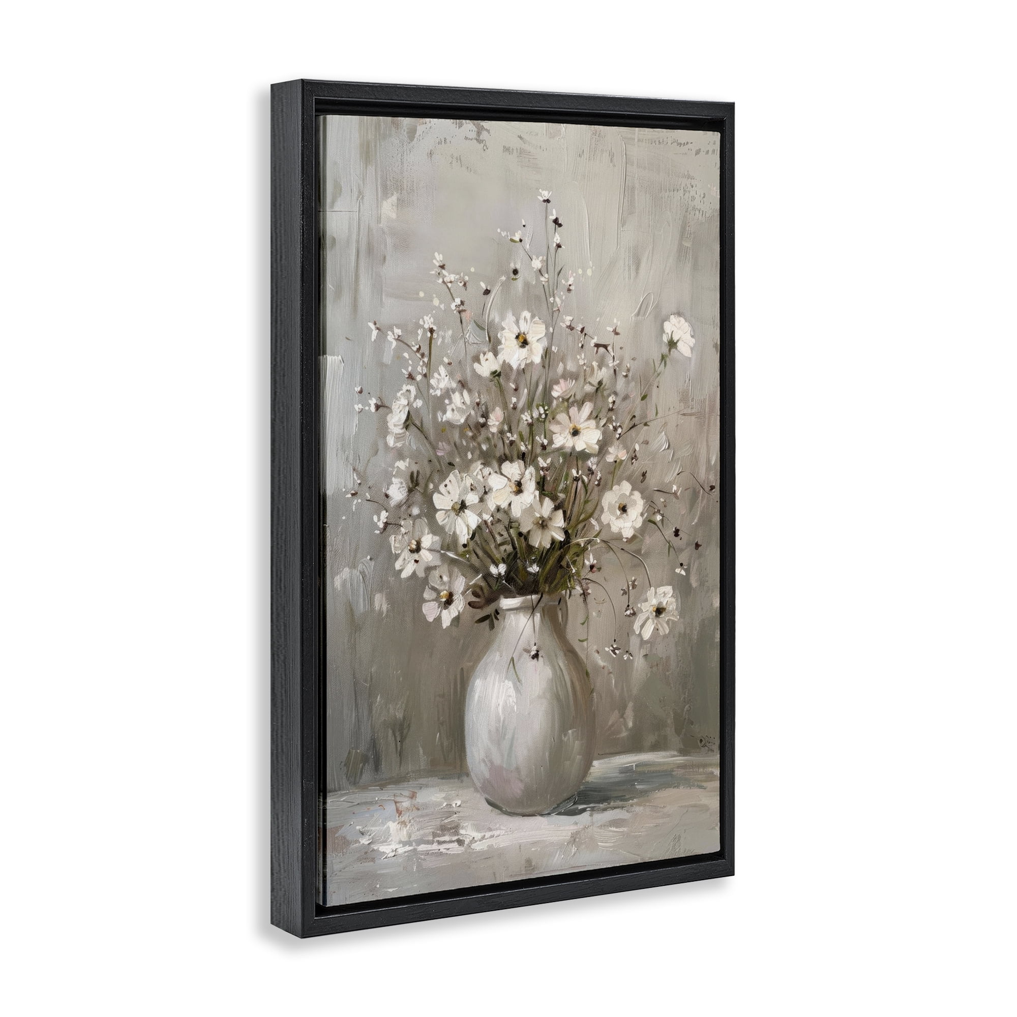Stupell Industries Vintage Still Life Daisies Plants & Flowers Painting Black Floater Framed Canvas Art Print Wall Art, 21 x 31
