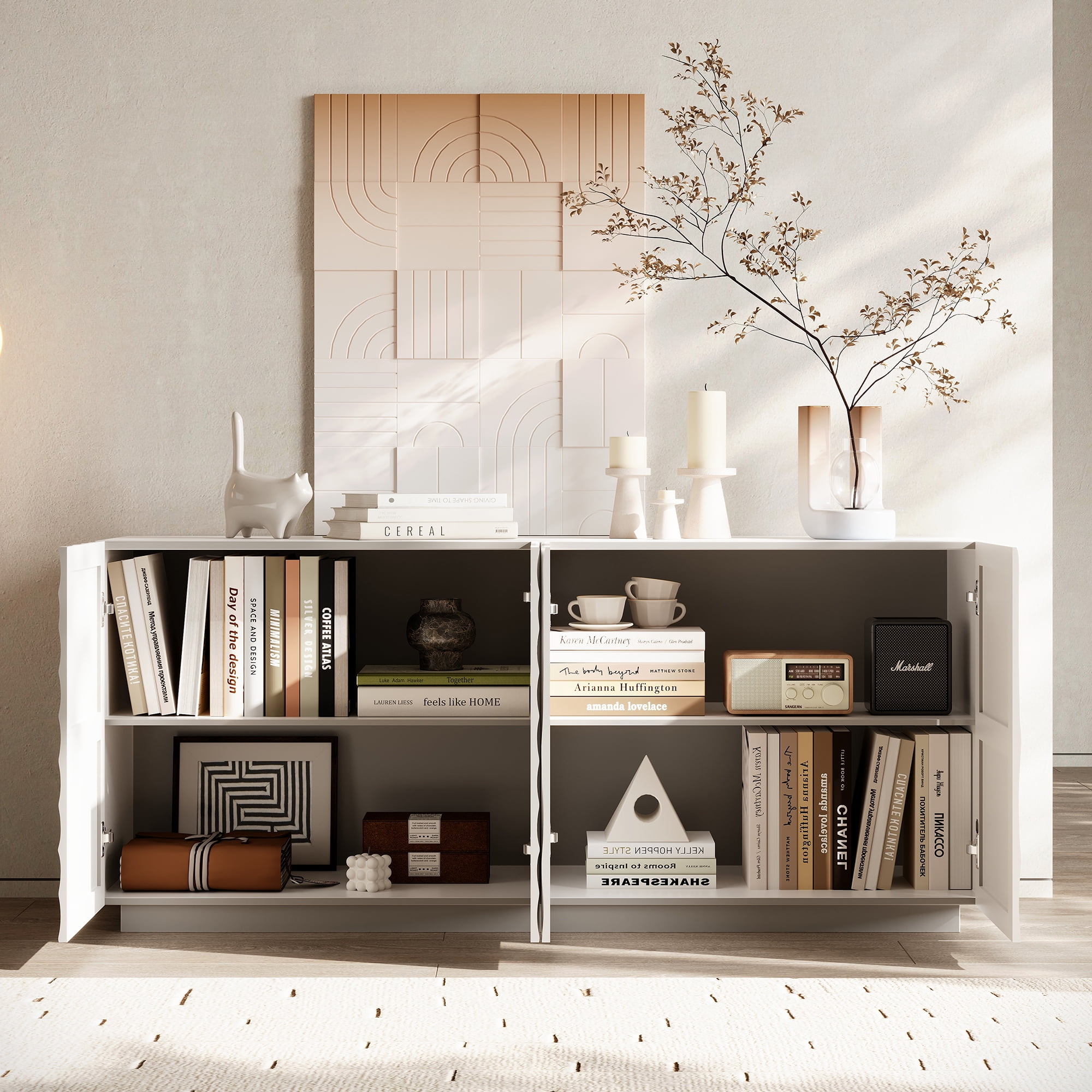 Leumius 59" Wide Modern Buffet Cabinet with 4 Storage Doors, Freestanding Luxury Sideboard Cabinet with Anti-Toppling Device, Accent Storage Buffet for Kitchen, Living Room White
