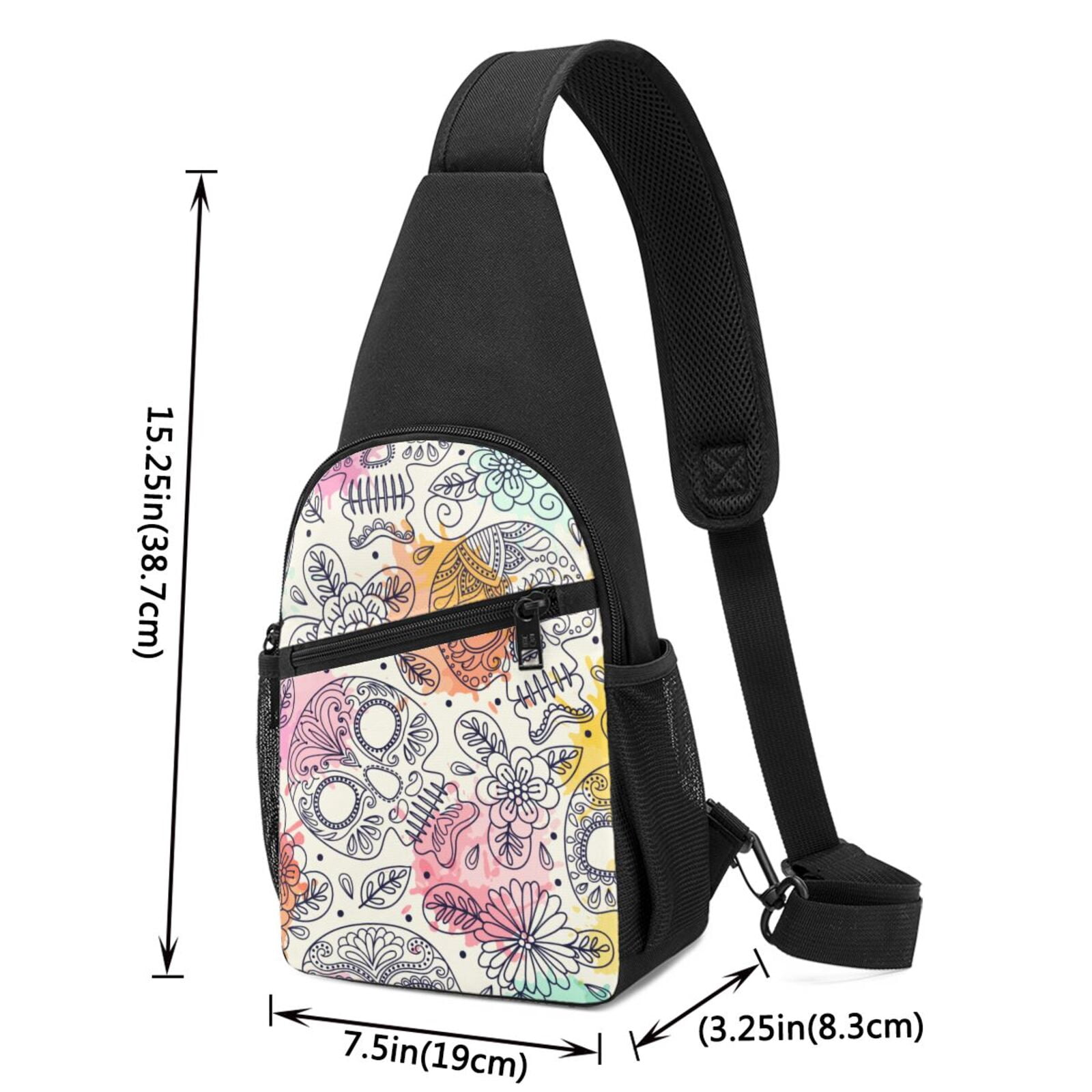 Xecao's Skull and Flowers Print Sling Bag: A Versatile Chest, Shoulder, and Crossbody Backpack for Casual Days Out, Perfect for Both Men and Women