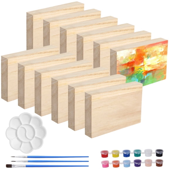 Unfinished Wood Painting Kit - 12 Natural Paulownia Wood Blocks, 12 Acrylic Paints & Brushes for DIY Art, Crafts & Home Decor (6 x 4 x 1 in)