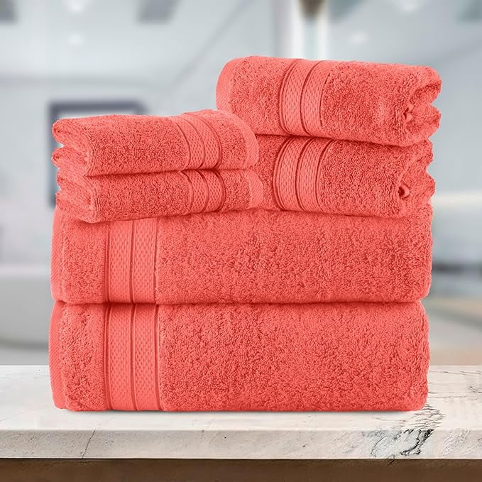 Elegant Comfort 6-Piece Towel Set - Three Line Popcorn Design, 100% Turkish Cotton, Soft and Absorbent, Quick-Drying, 2 Bath Towels, 2 Hand Towels, 2 Washcloths - Coral