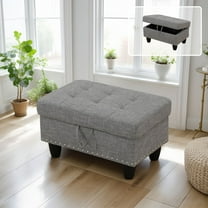 Grey Linen Tufted Storage Ottoman with Nailhead Trim
