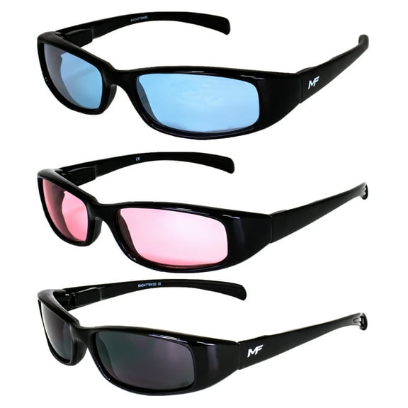 3 Pairs of MF Eyewear Bad Attitude Motorcycle Glasses Shatterproof Polycarbonate Black Frame UV400 Filter, Scratch-Resistant Motorcycle Riding Glasses Blue, Rose & Super Dark Lenses