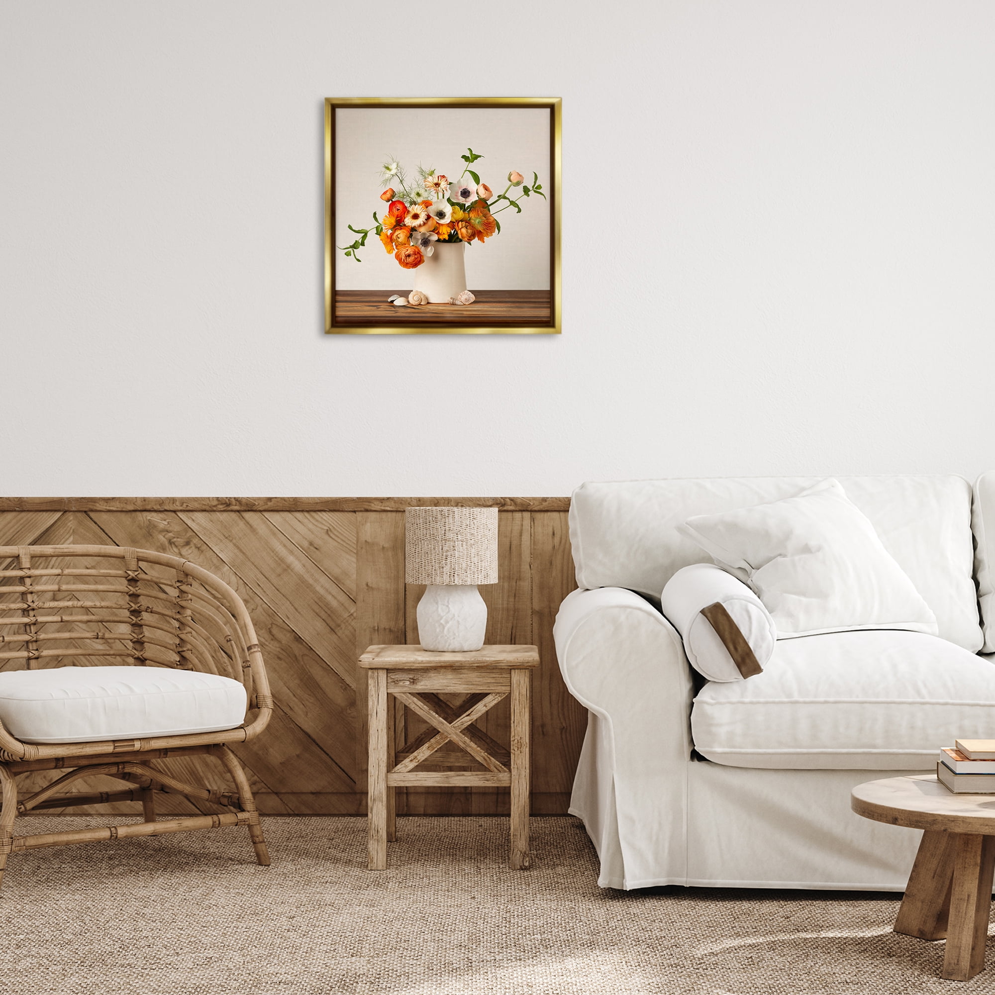 Stupell Industries Orange & White Still Life Plants & Flowers Painting Gold Floater Framed Canvas Art Print Wall Art, 25 x 25