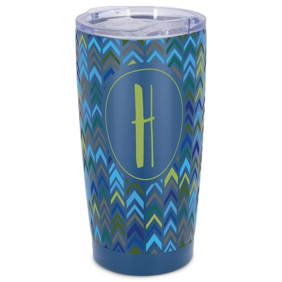 Elanze Designs H Monogram Herringbone Arrows Wrap-Around Design 20 Ounce Stainless Steel On-The-Go Coffee Mug, Thermal Travel Tumbler with Leak Resistant Slide Lid, Navy Blue