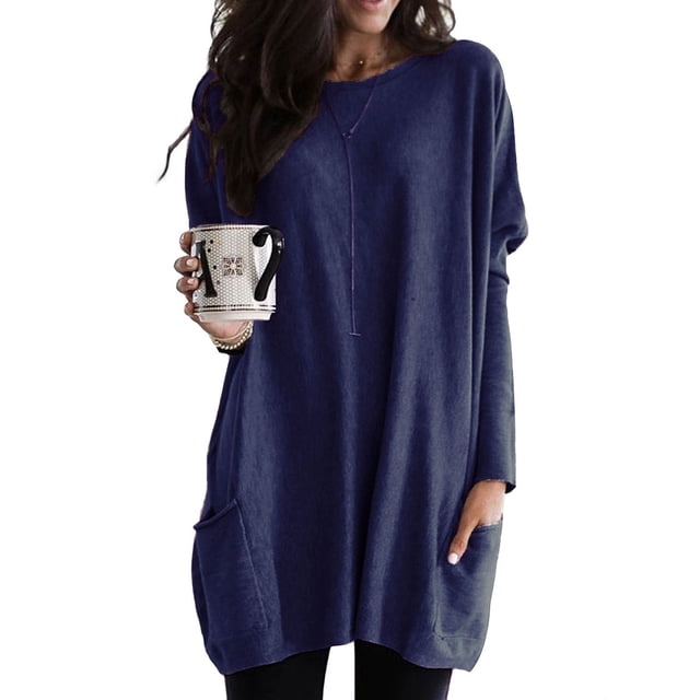 Autumn Winter Oversized Long Sleeve Solid Color Roung Neck Pullover Sweatshirt Blouse For Women Leisure Baggy Pocket T Shirt Tunic Tops