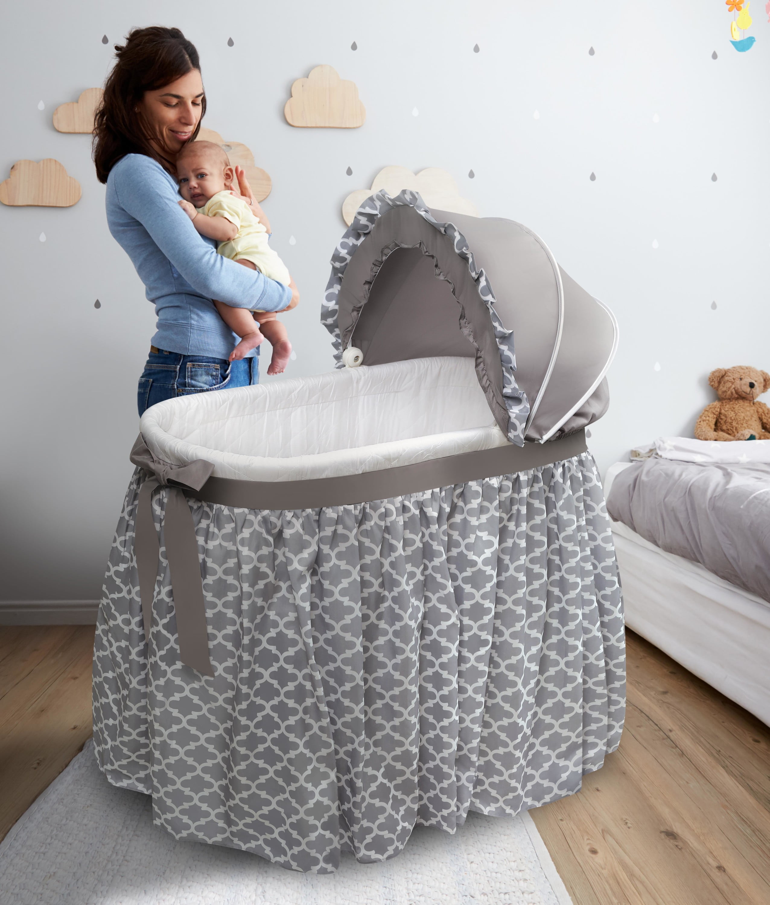 Badger Basket Wishes Oval Baby Bassinet Full Length Skirt Gray