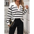 thumbnail image 2 of Women'S Striped Sweater Trendy V Neck Long Sleeve Knit Pullover Loose Jumper Tops Knitwear White M, 2 of 7