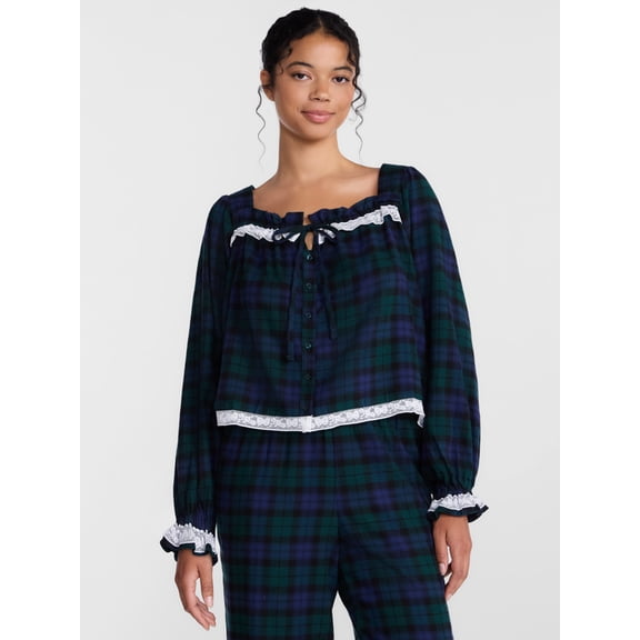 Joyspun Women's Flannel Peasant Long Sleeve Sleep Top, Sizes XS to 3X