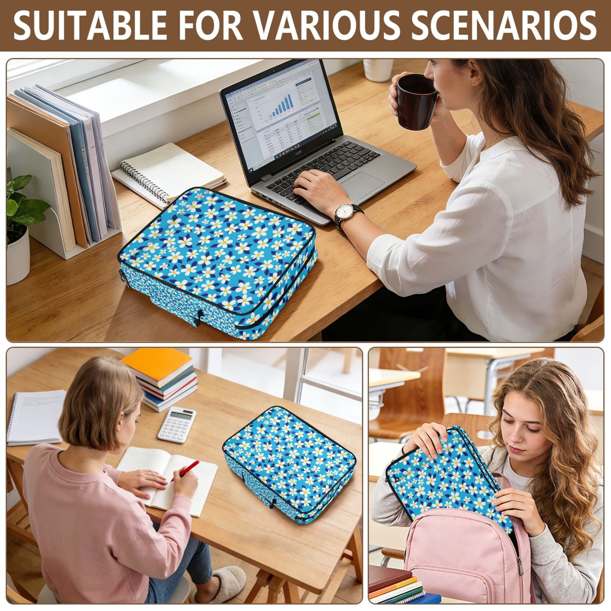 FORMRS Accordion File Folder A4 Size 7-Pocket Expanding Document Organizer Bag with 3 Ring Binder, Blue Daisy Pattern
