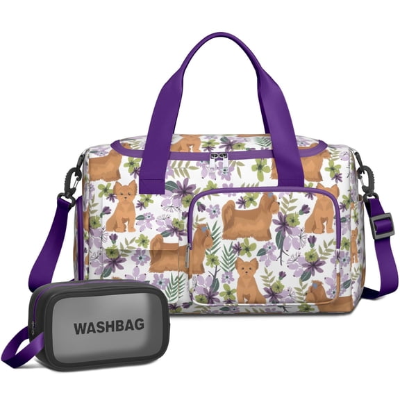Women Men Gym Bag,Yorkie Dog and Flower Florals Small Duffle Bag Spend the Night Bags for Women with Shoes Compartment Washbag,Detachable Shoulder Strap,19.7x8.3x11 Inches