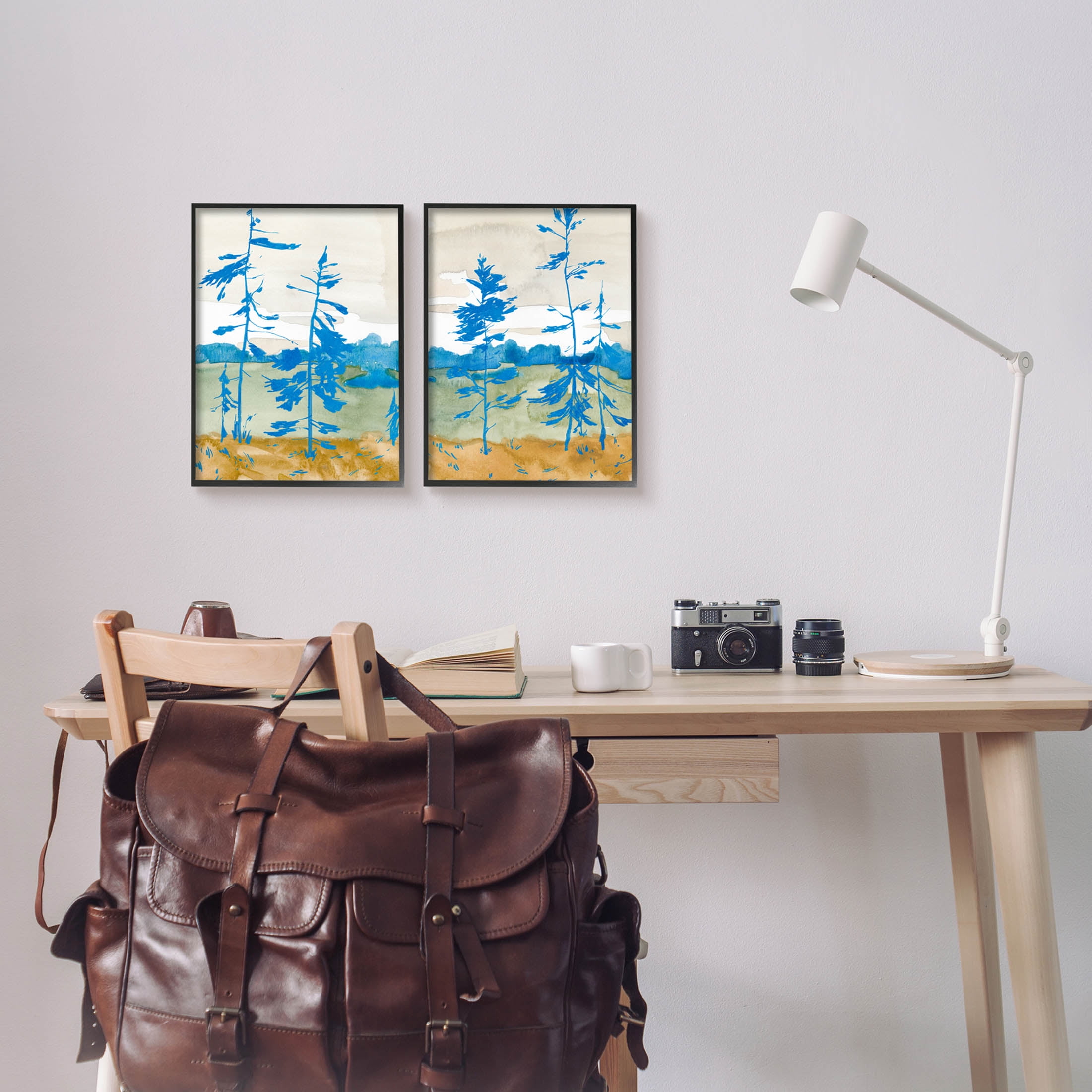 Stupell Industries Modern Blue Tree Scenery Painting Black Framed Art Print Wall Art, Set of 2, Design by Jacob Green