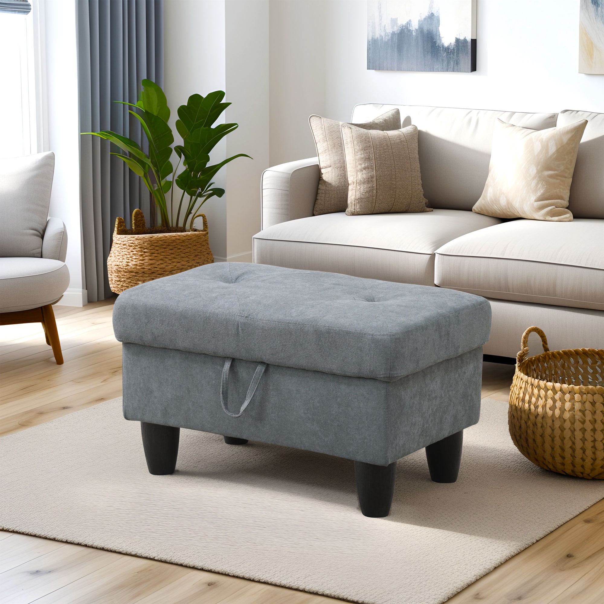 Gewnee 28.5" Storage Ottoman Bench Flannelette Upholstered for Living Room Bedroom Entryway Light Gray