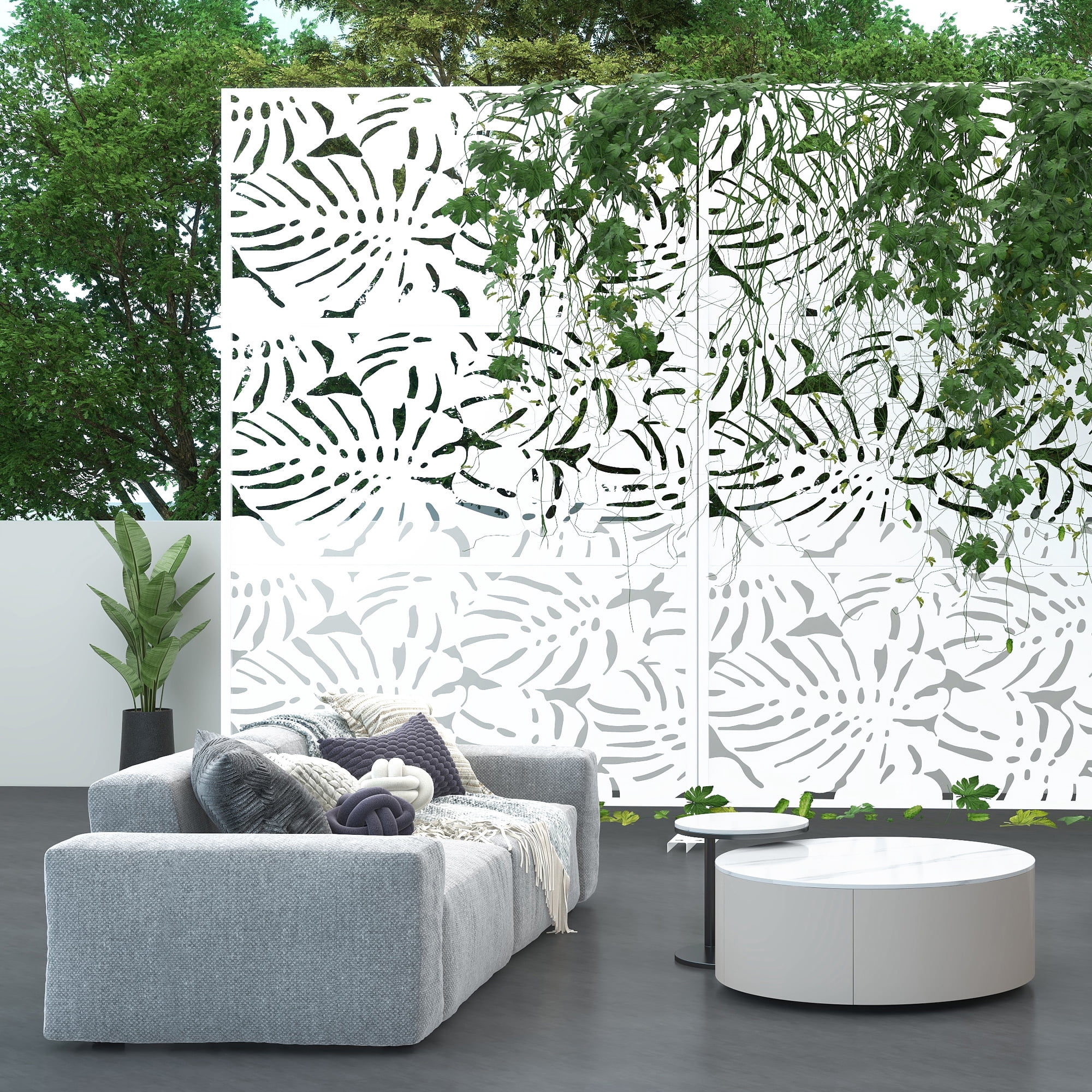 MAYEERTY 72×47" Outdoor White Metal Privacy Panel Screen for Backyard & Garden, Monstera Pattern
