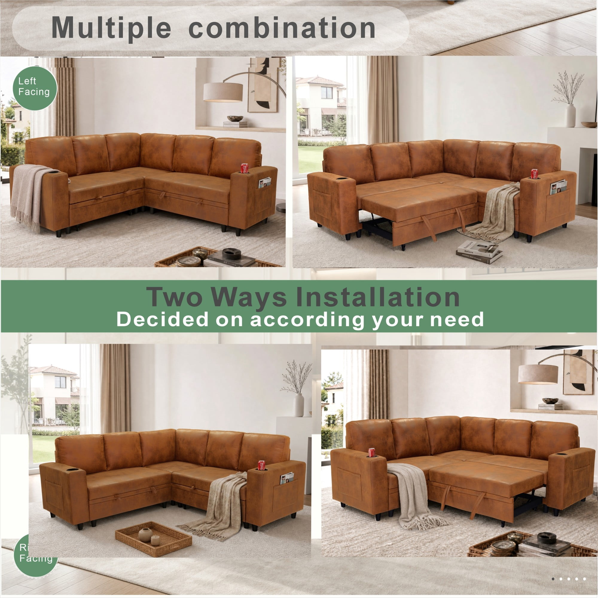 BSHTI 76.5" Polyester L-Shaped Sectional Sofa Bed with Hidden Storage, Cup Holders, Side Pockets, Pull-Out Design for Living Room (Light Brown)
