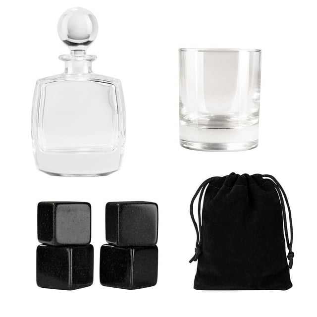 Set de bar Storyland con licorera vaso de cristal 4 enfriadores de piedra bolsa de terciopelo estuche de madera
