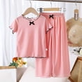 thumbnail image 2 of WRKEKC Girls 2 piece Outfits Solid Scalloped Bow Short Sleeve Round Neck Top and Wide Leg Long Pants Set for 0-11 Years, 2 of 9