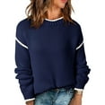 thumbnail image 2 of Women's Fashion Color Blocked Round Neck Long Sleeved Knitted Sweater Pullover Sweater Top for Fall Winter Stylish Casual Outfits,Navy,S, 2 of 7