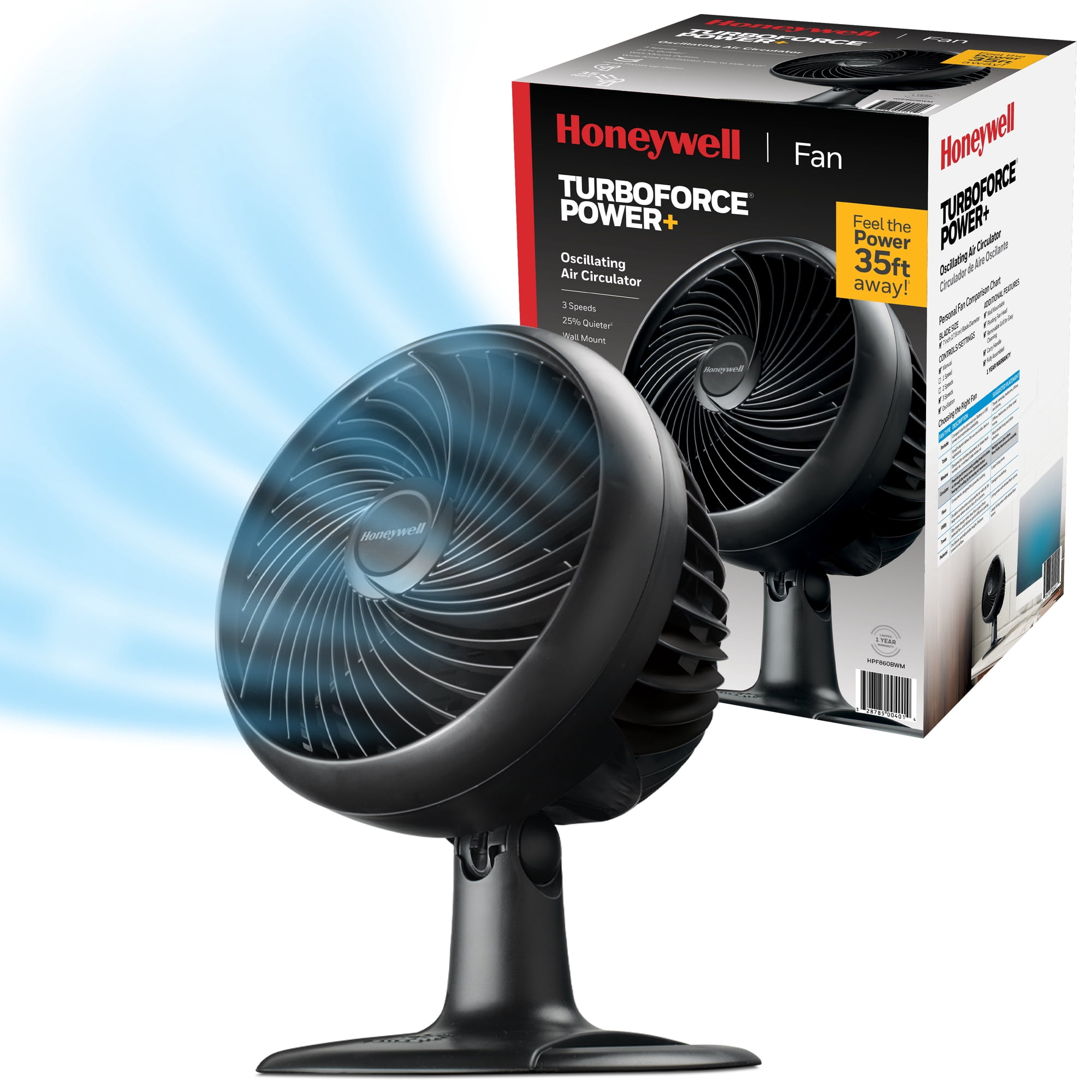 Honeywell 10 inch Bedroom TurboForce Power Plus Black Oscillating Table Fan with 35ft Air Circulation Power, 3 Speeds, and 45° Pivot, HPF860BWM