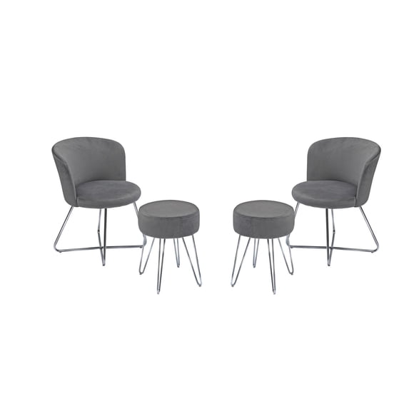 K-LIVING ELTON SANSA CHAIRS WITH BENNY STOOLS SET IN GREY FABRIC AND CHROME METAL FRAME ( Includes 2 Chairs And 2 Stools)