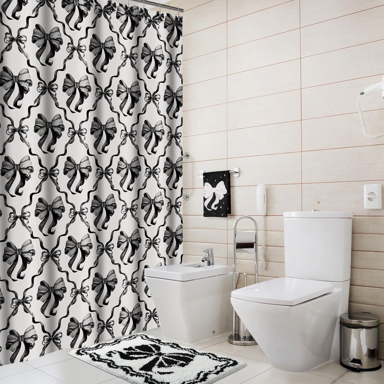 18 Pcs Black Bow Fabric Shower Curtain Set with 12 Decorative Shower Curtain Hooks Black Bow Knot Bathroom Towels Coquette Non Slip Absorbent Microfiber Rug for Modern Aesthetic Bathroom