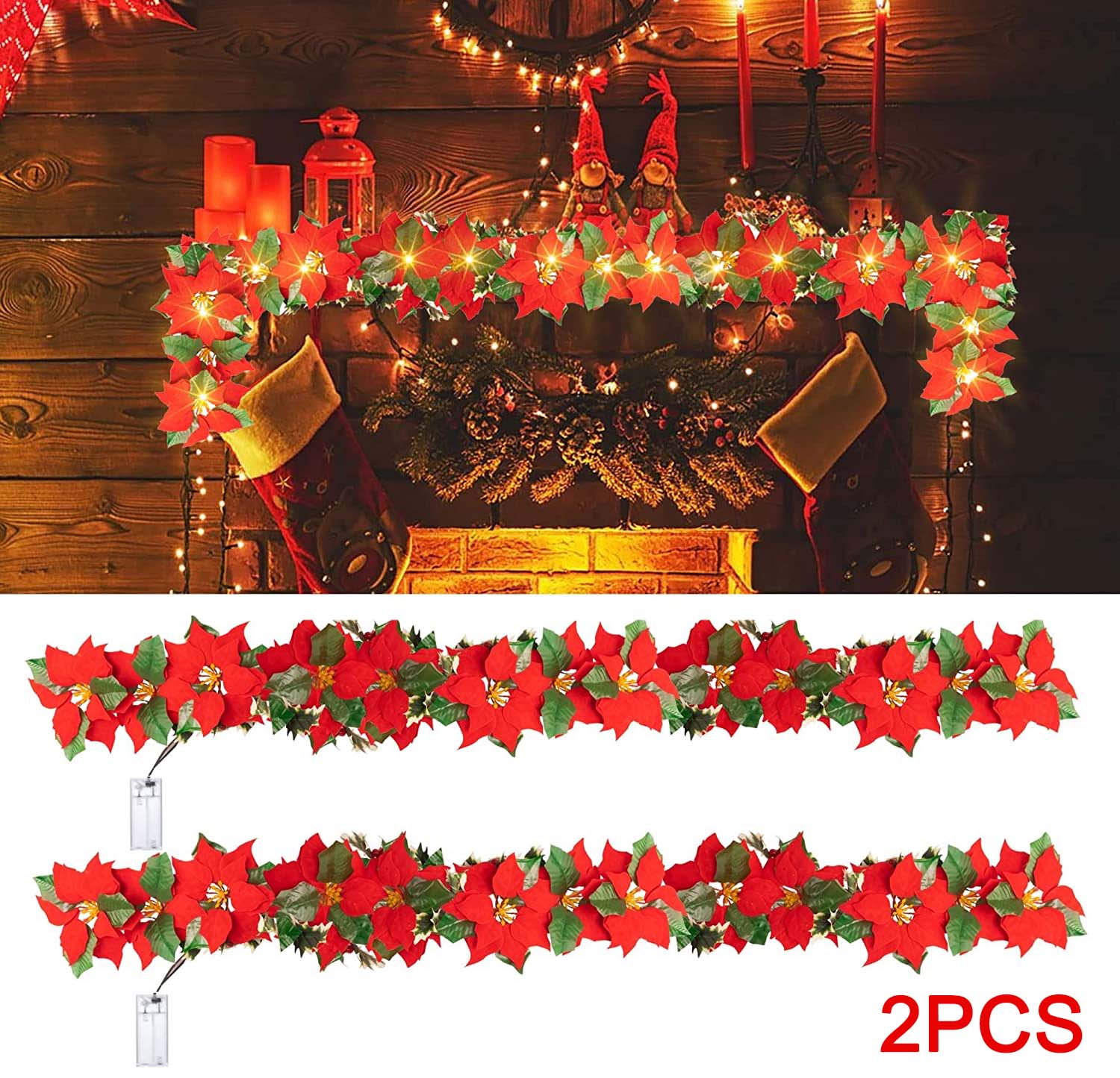 Poinsettia Christmas Flowers Decorations Garland String Lights, 6.56ft
