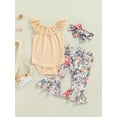 thumbnail image 2 of Baby Girl Bell Bottom Outfits Set Sleeveless Flounce Romper + Floral Print Flared Pants + Headband 3 Piece Casual Outfits, 2 of 9