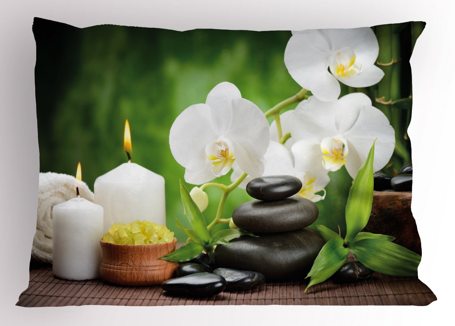 Spa Pillow Sham Zen Stones with Orchid and Candles Green Plants at the